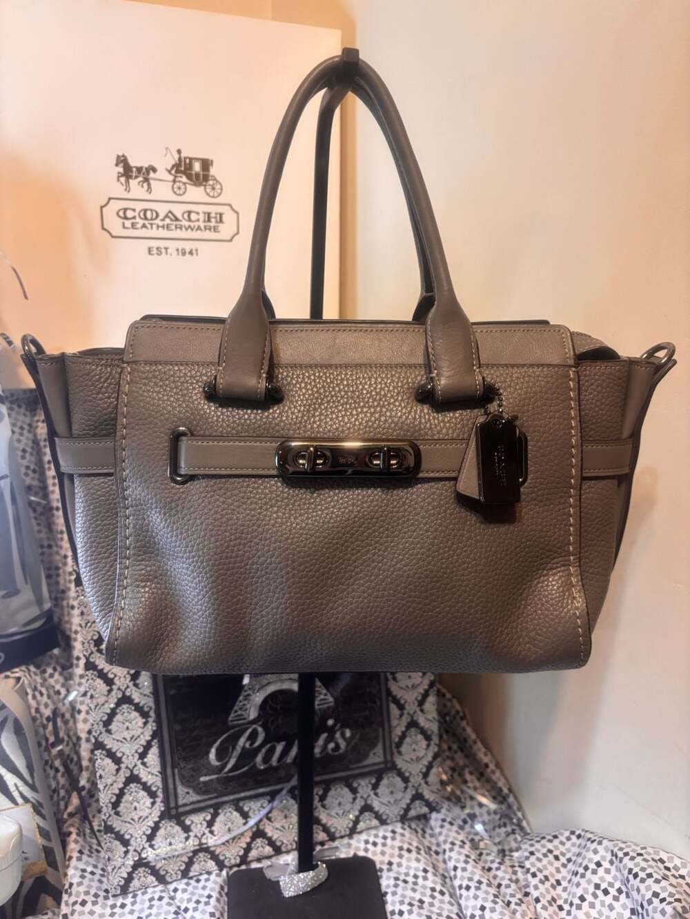 Coach Swagger 27 Pebble Leather Satchel Grey Handbag